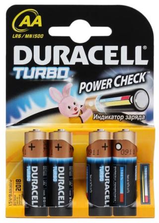 Купить батарейки для фонаря Duracell AA/LR6 Turbo 4 шт. Щелочные пальчиковые батареи Duracell Turbo LR6/AA